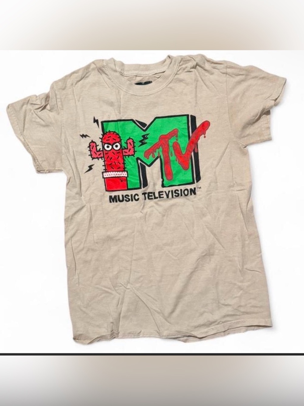 MTV Beige Tee with Green Logo and Red Accents